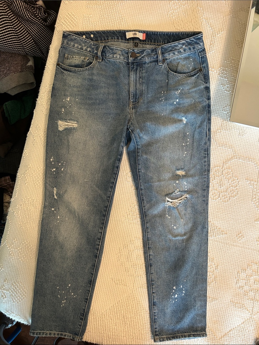 CAbi Light Blue Distressed Cropped Jeans with Paint Splatter